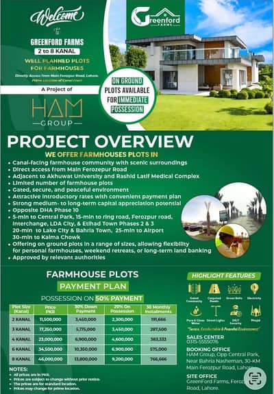 2 to 8 Kanal Farmhouses for Sale Canal View | Main Ferozepur Road | Green Ford Farmhouses