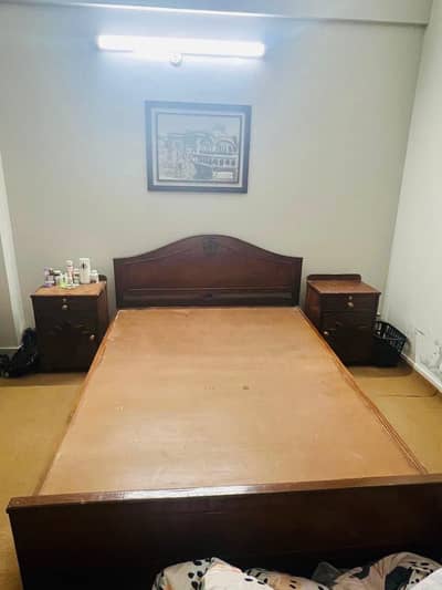 Pure Wooden Double Bed with Side Tables