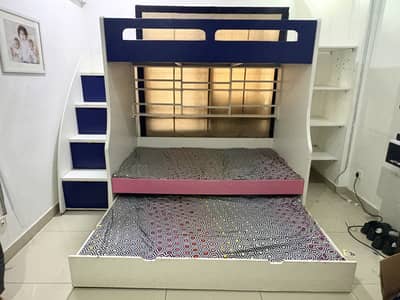 3 bed bunk bed with drawers, bookcase and shelves