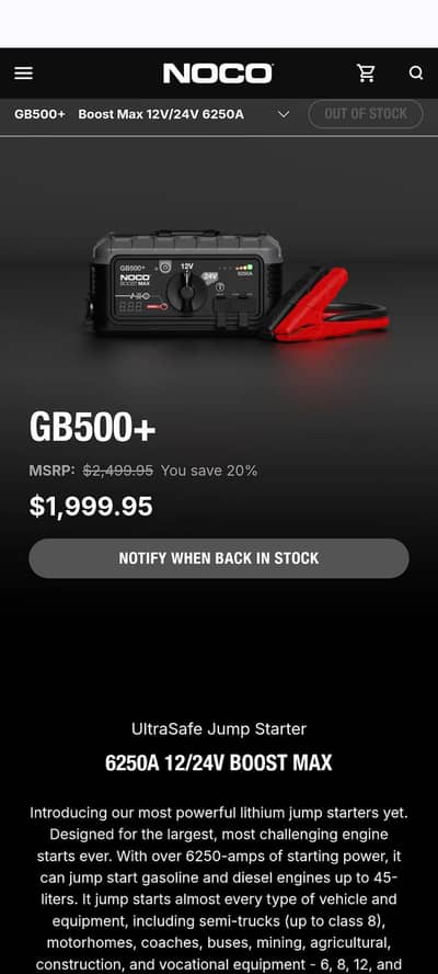 NOCO GB500+ 6250A 12V/24V Heavy Duty Jump Starter”