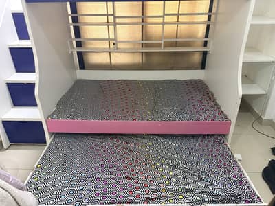 3 bed bunk bed with built in shelves and drawers