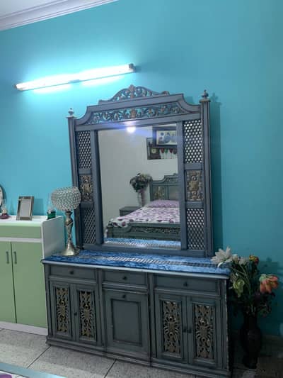 King Sized Full Bed Set - Sea Blue Colour - Mirror Work