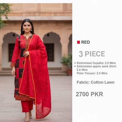 3piece suite, embroided dupatta, applic work shirt and plain trouser