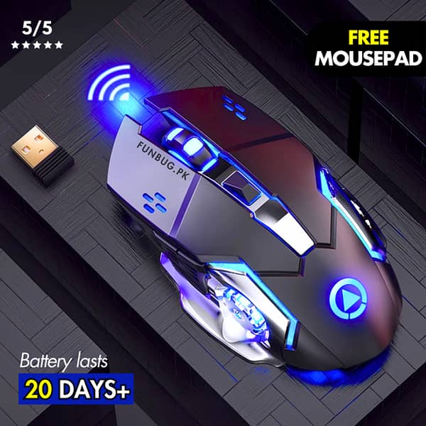 FunBug Wireless Gaming Mouse RGB with 6 Buttons, 3 DPI Levels, and Breathing LED Light (2.4G) with MousePad