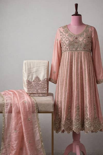 Elegant Peach Embroidered 3 Piece chiffon frock | Party wear