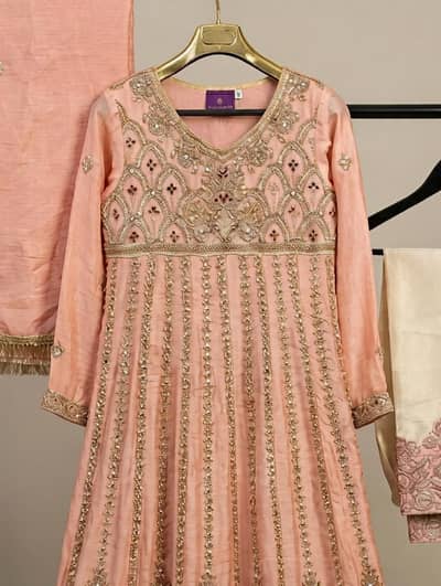 Elegant Peach Embroidered 3 Piece chiffon frock | Party wear