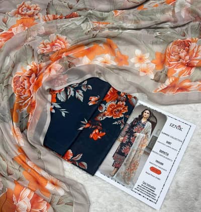 3 piece All over printed lawn suit with fancy branded chappal sandals