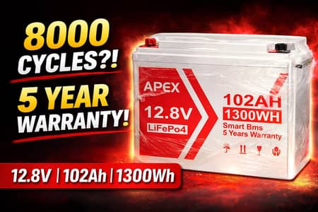 Apex 1.3KW IP65 Li battery 12.8v 102amp 8000 cycle 5 year replacement