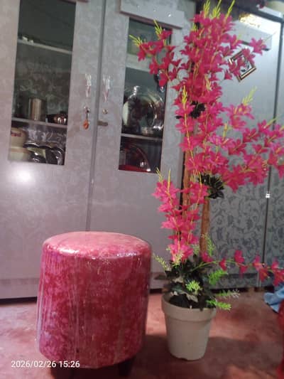 Wood Stool with Artificial Flower