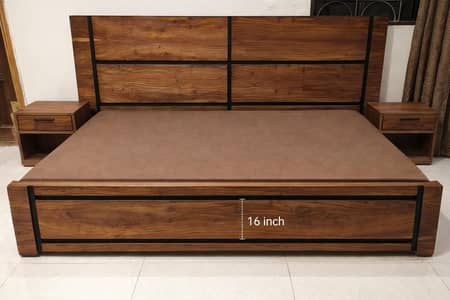 wooden bed with two side tables