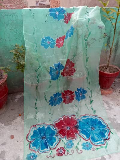 Fabric painting on Organza Tissue Duppatta