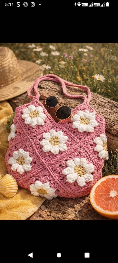 3D crochet puffed flower handbag