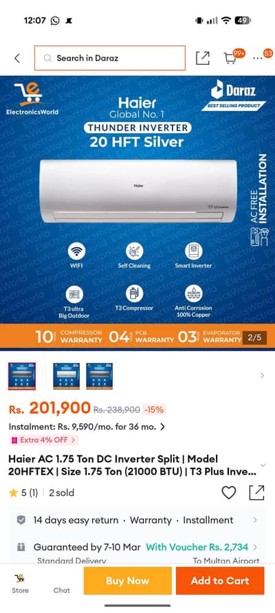 Haier 1.75 Ton DC Inverter in Warranty (HSU-20HFTEX/DG-T3)   Plus)
