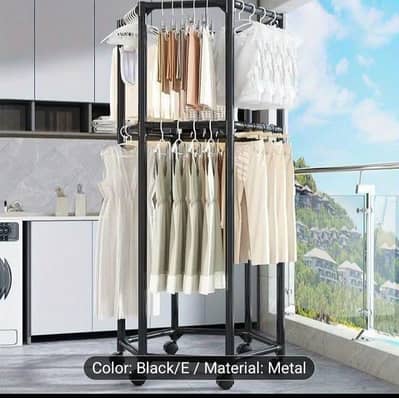 Floor Standing Clothes Rack with Wheels | Metal Garment Stand (Black)