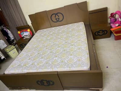 Bed, mattress, dresser and side tables
