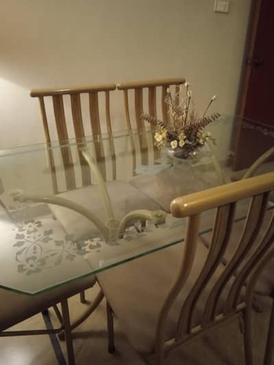 iron rod dining table witth 8mm tempered glass