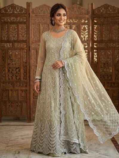 Designer Skin Color Heavily Embellished Net Maxi Set-Boutique Quality