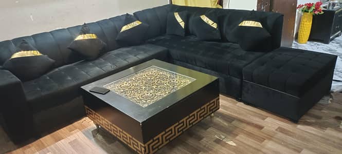 7 seater L shape sofa black colour with table