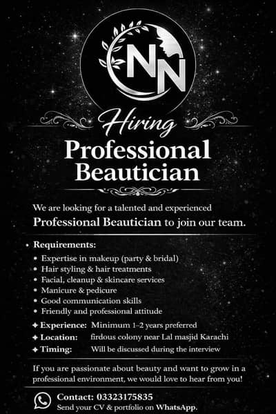 Naheed beauty saloon  Hiring professional Beautician
