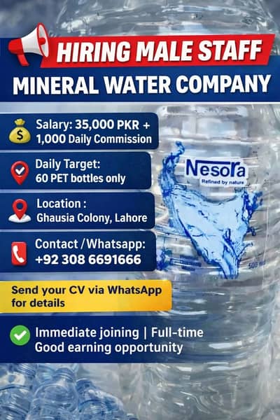 Staff required for mineral water company