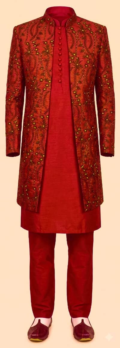 Elegant Red Embroidered Sherwani Set with Matching Khusa