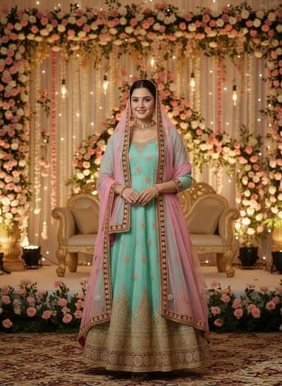 “Fancy Maxi Dress with Dupatta – Mint Green & Pink – Formal Wear”