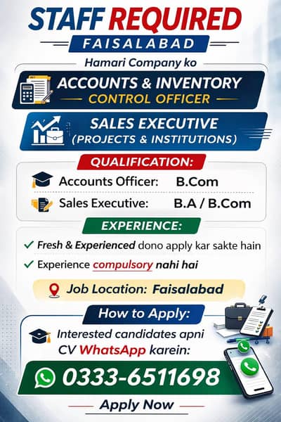 staff Required in faisalabad ,Accounts officer and sales executives