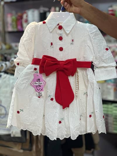 Cute Baby Girl White Dress with Red Bow – Party / Birthday Wear