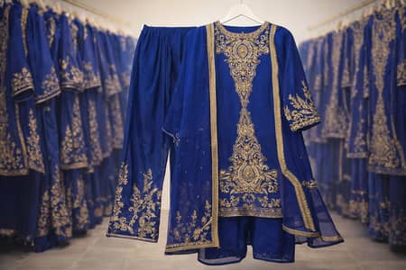 Blue Embroidered 3 Piece Suit – Unstitched – Brand New