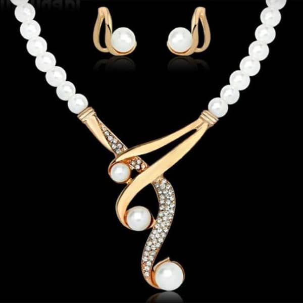 Elegant Hook Shape Faux Pearl & Rhinestone Wedding Jewelry Set