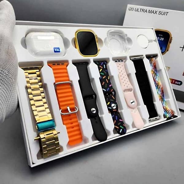 i20 Ultra Max Suit 10-in-1 Smartwatch Bundle: 2.3” HD Display, Bluetooth Calling, 7 Straps, Wireless Earbuds
