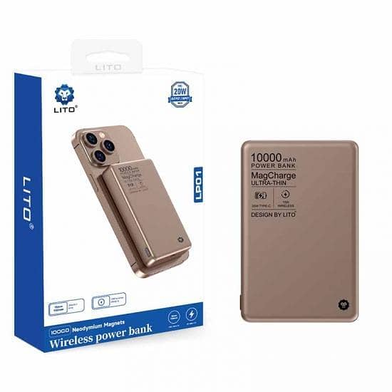 LITO LP01 Compact Magnetic Wireless Power Bank (Bronze) – 10,000mAh with 15W Wireless and 20W USB-C Fast Charging