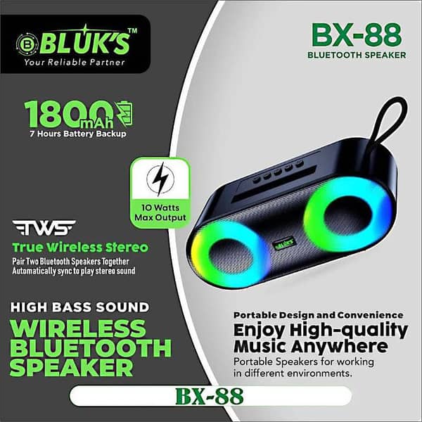 BLUK’S BX-88 Dual Driver Wireless Bluetooth Speaker – 10W Stereo with RGB Lights