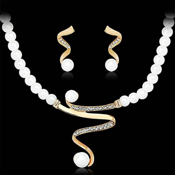 Radiant Gold-Tone Pearl & Rhinestone Jewelry Set for Bridal and Prom Necklace & Earrings