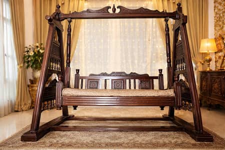 Solid wood carved jhula style Bed- classic wooden swing cot