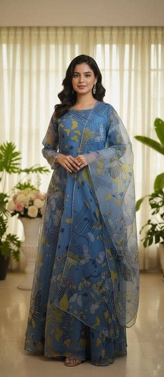 Organza Maxi Dress for Girls and Women | Printed Frock Set with Matching Trouser and Dupatta