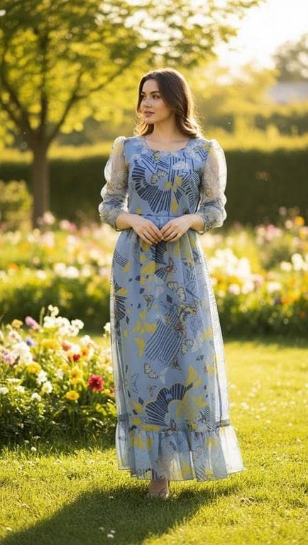 Organza Frock for Girls and Women: Long Butterfly & Floral Maxi Dress with Round Neck