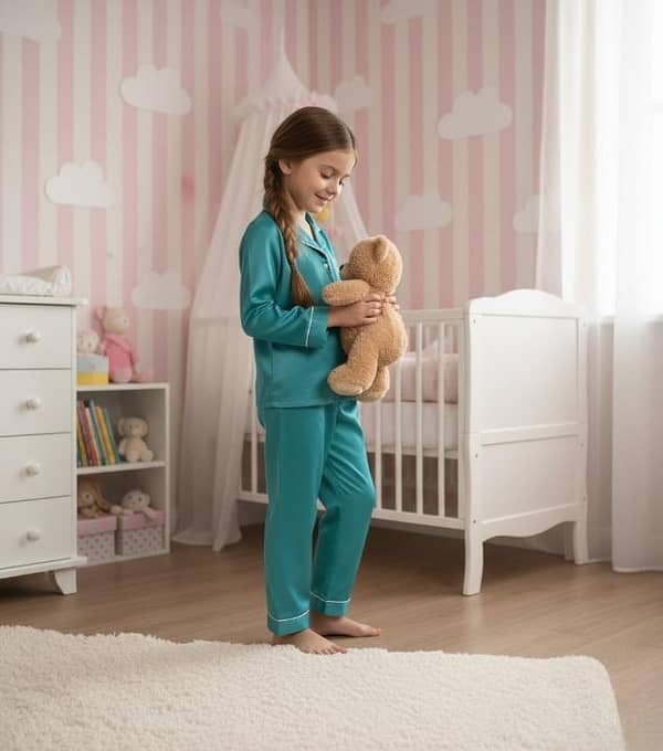 Silk Night Dress for Girls — Sea Green Silk Nightwear Set for Baby and Kids