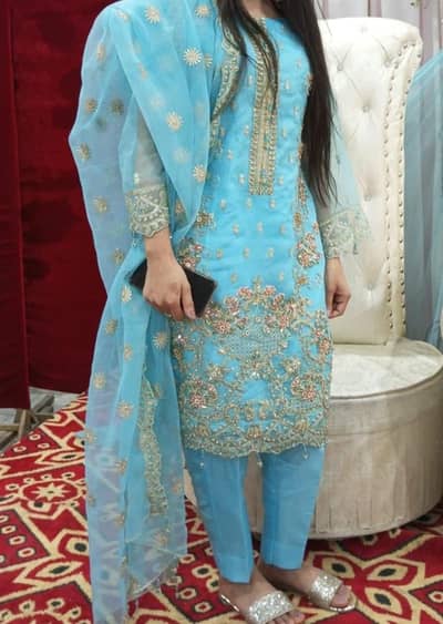 stone work full shirt, 3 piece sky blue