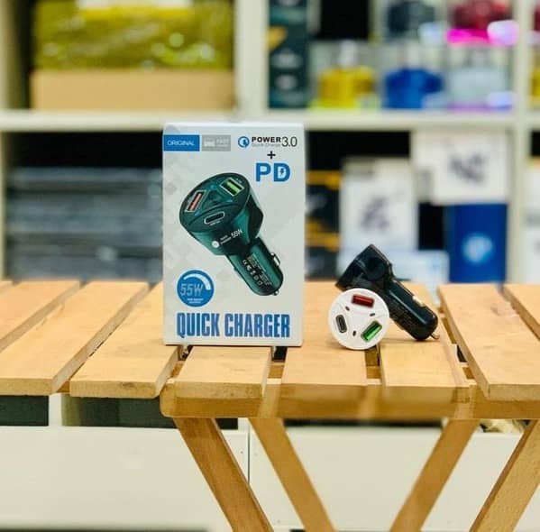 55W Car Charger Adapter with 2 USB Ports and 1 PD Port – Fast Charging Quick Charge 3.0 for iPhone, Samsung, Android, Tablets