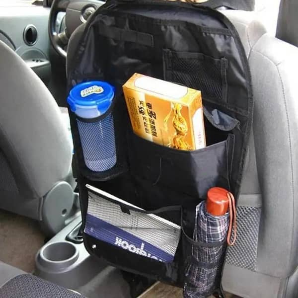 Car Back Seat Storage Organizer with Multi-Pocket Tray and Trash Net – Vehicle Seat Back Organizer
