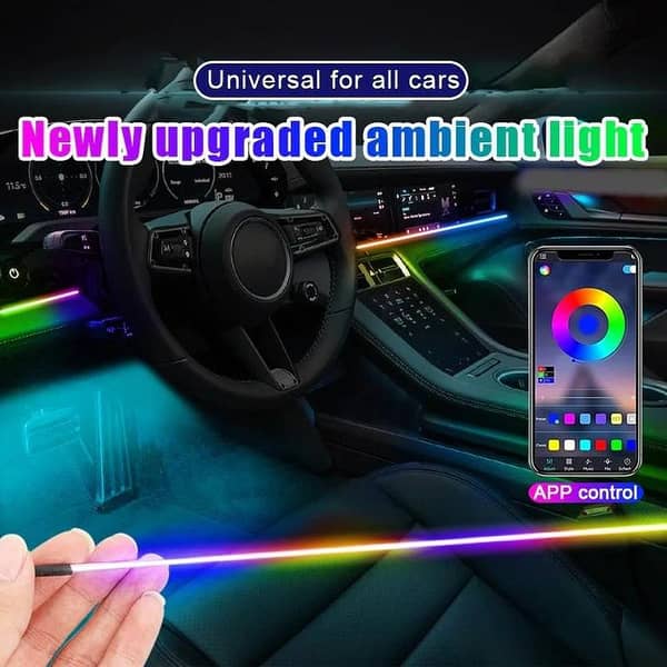 LED Car Interior Ambient Lighting Kit – RGB EL Wire Dash Lights with Dynamic Colors, Smartphone App and Remote