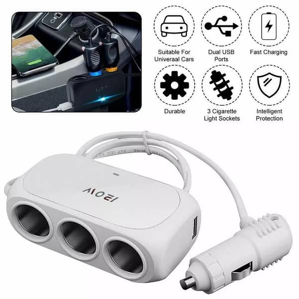 3-Way Universal Car Cigarette Lighter Splitter with LED Dual USB Charger – 12V-24V Power Adapter for Phones, GPS, and More
