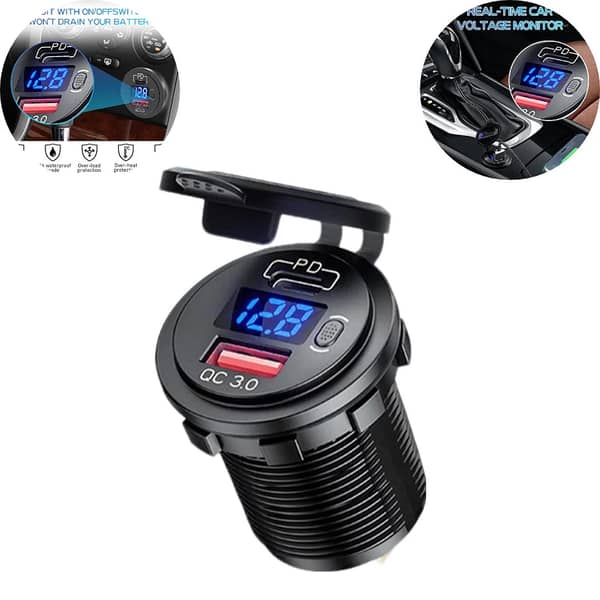Universal 60W PD Type-C/QC 3.0 Car Charger Socket with Button Switch, LED Voltmeter for 12-24V