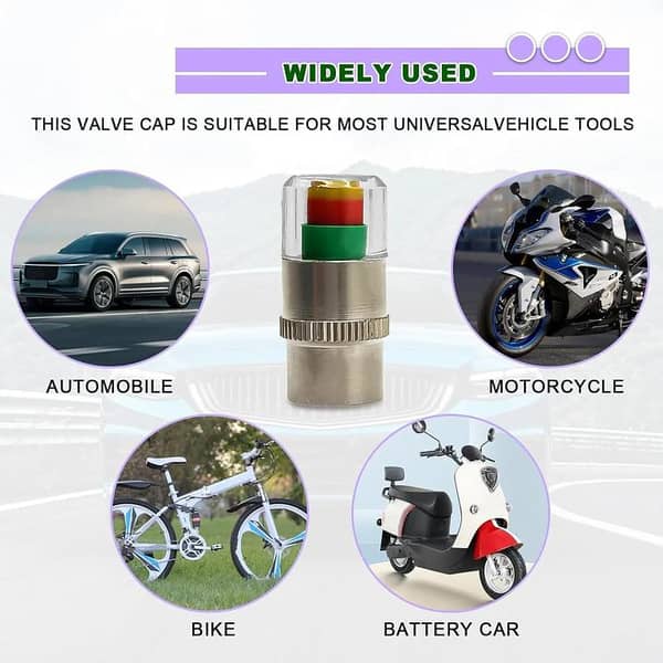 Universal Car Tire Pressure Valve Caps with 3-Color Alarm Indicator Set (4 Pcs) – Dustproof Stainless Steel