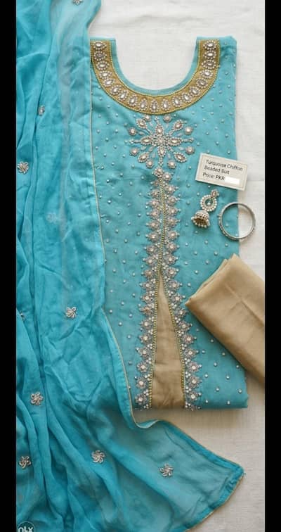 Elegant Turquoise Heavily Embroidered chiffon dress