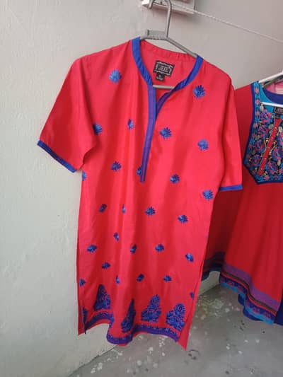 Embroidered Red Kurta with Blue Accents