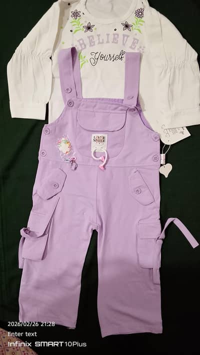 "Girls Stylish Purple Dungaree suit with white top- New"