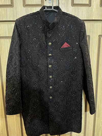 Black self embossed texture sherwani with well desighn turban