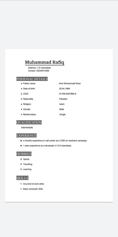 i need job as a CSR, Developer(chatting) or any  factories and restrnt